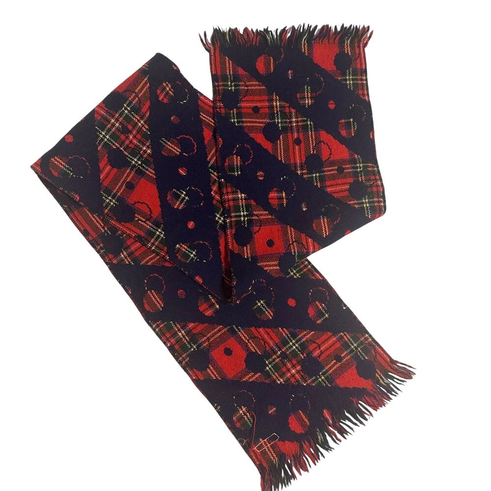 Jaeger Vintage Wool Scarf Red Blue Plaid Geometric Fringed Warm Retro Graphic
